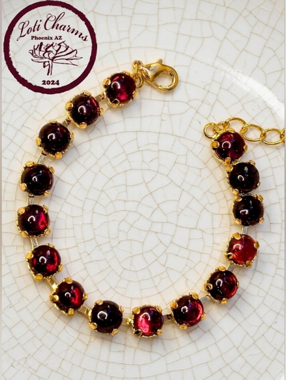 Natural Garnet 15 Total Carats In Classic Gold Plated Tennis Bracelet